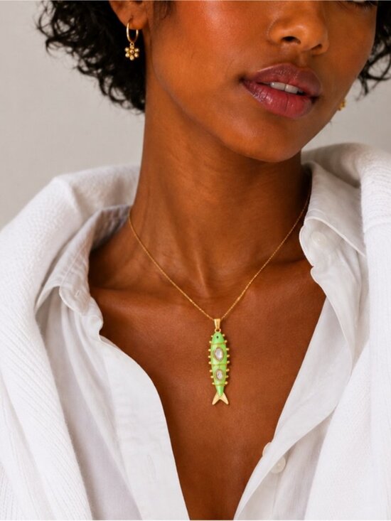Anthropologie Jewelry - New! Coastal Preppy Colorful 18K Gold Plated Green Fish Necklace NWOT 5064